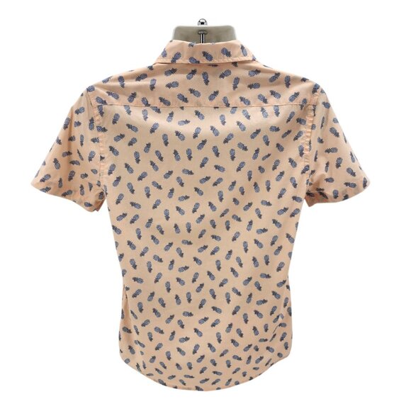 Express Mens Small Shirt Slim Soft Wash Pineapple Peach Blue Button Tropical - Picture 4 of 9